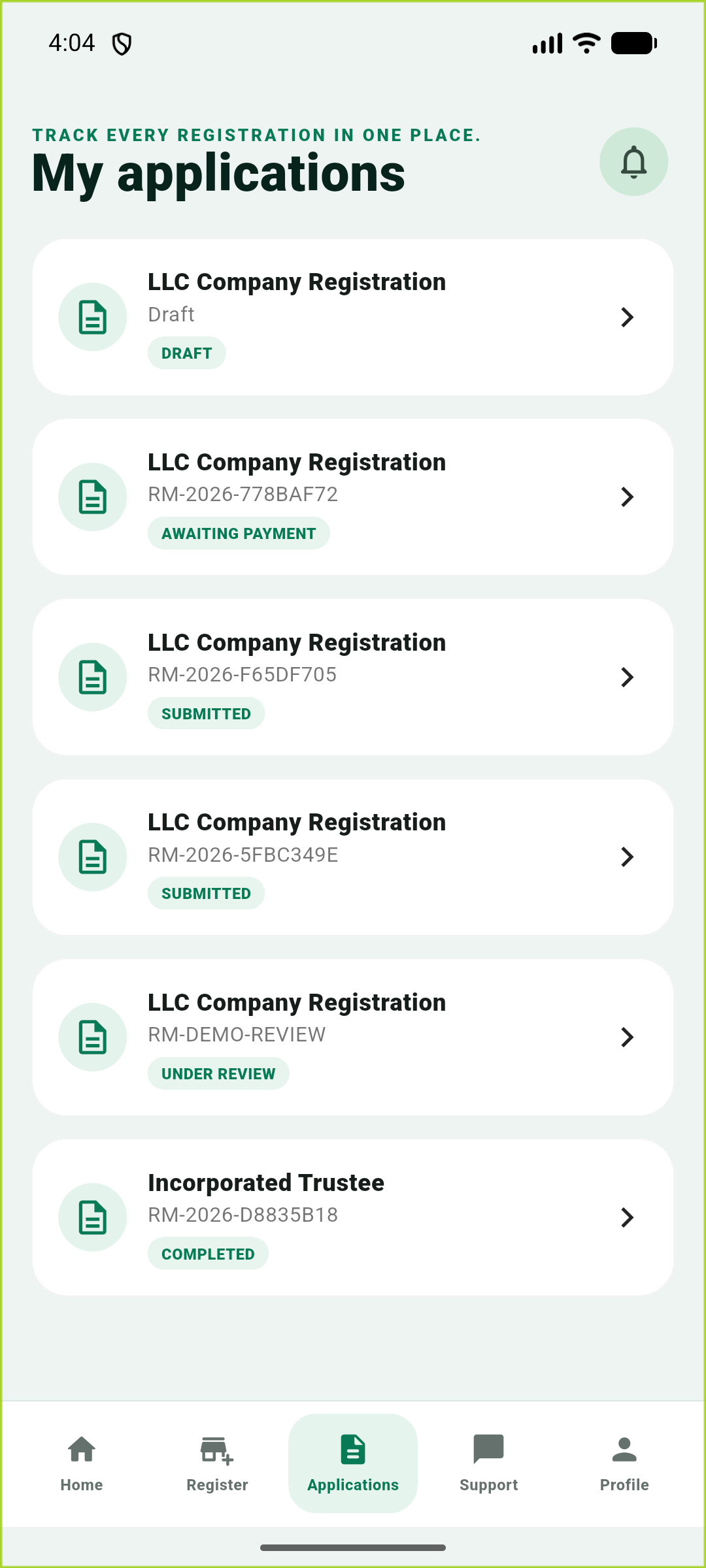 RegisterMe mobile applications screen