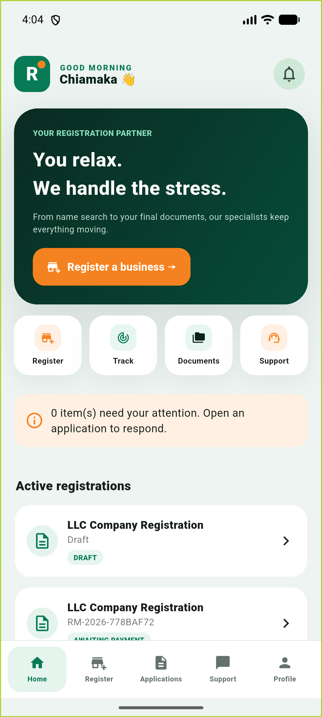 RegisterMe mobile app home screen